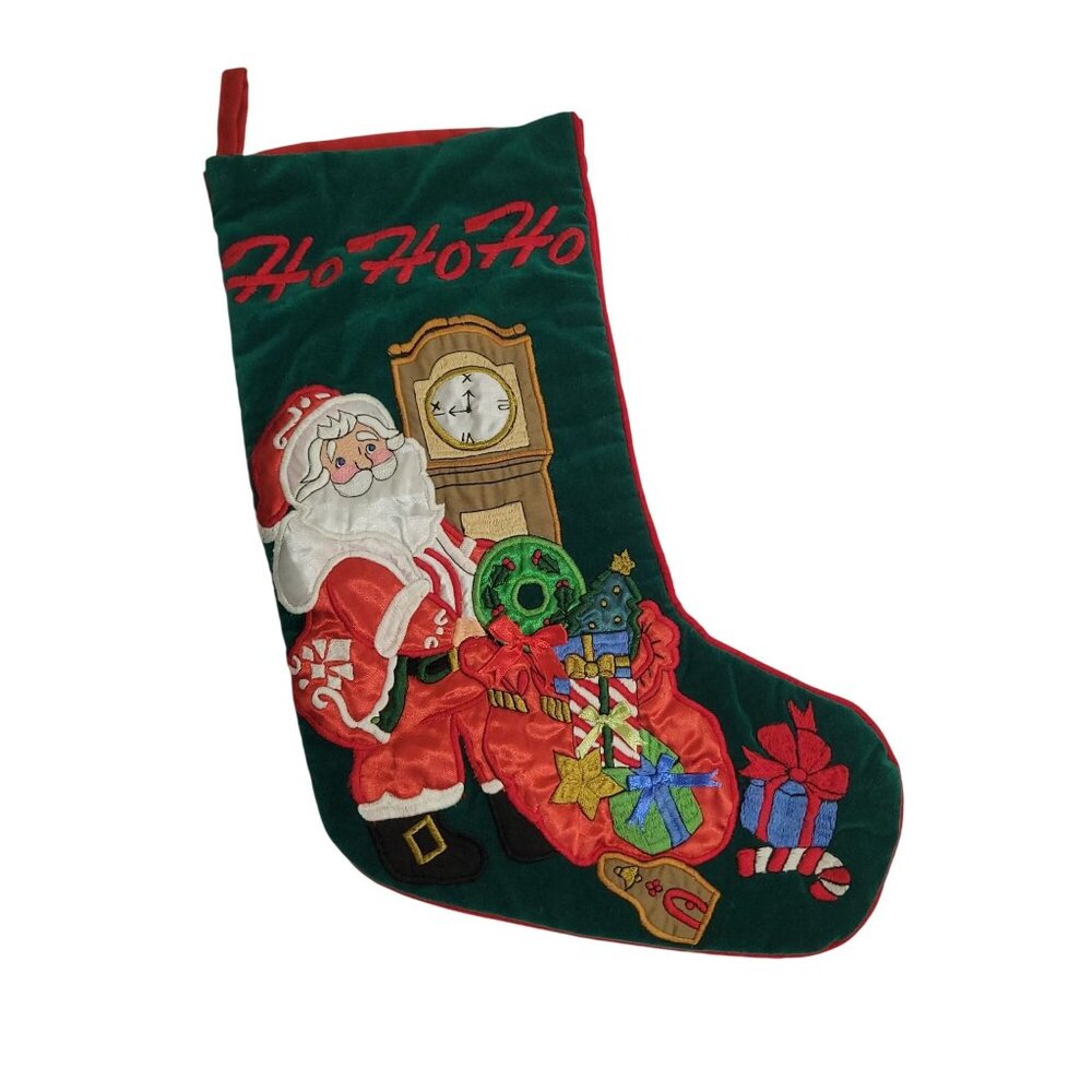 Vtg L'Art de Chine Velvet Santa Stocking 19" Grandfather Clock Green Red